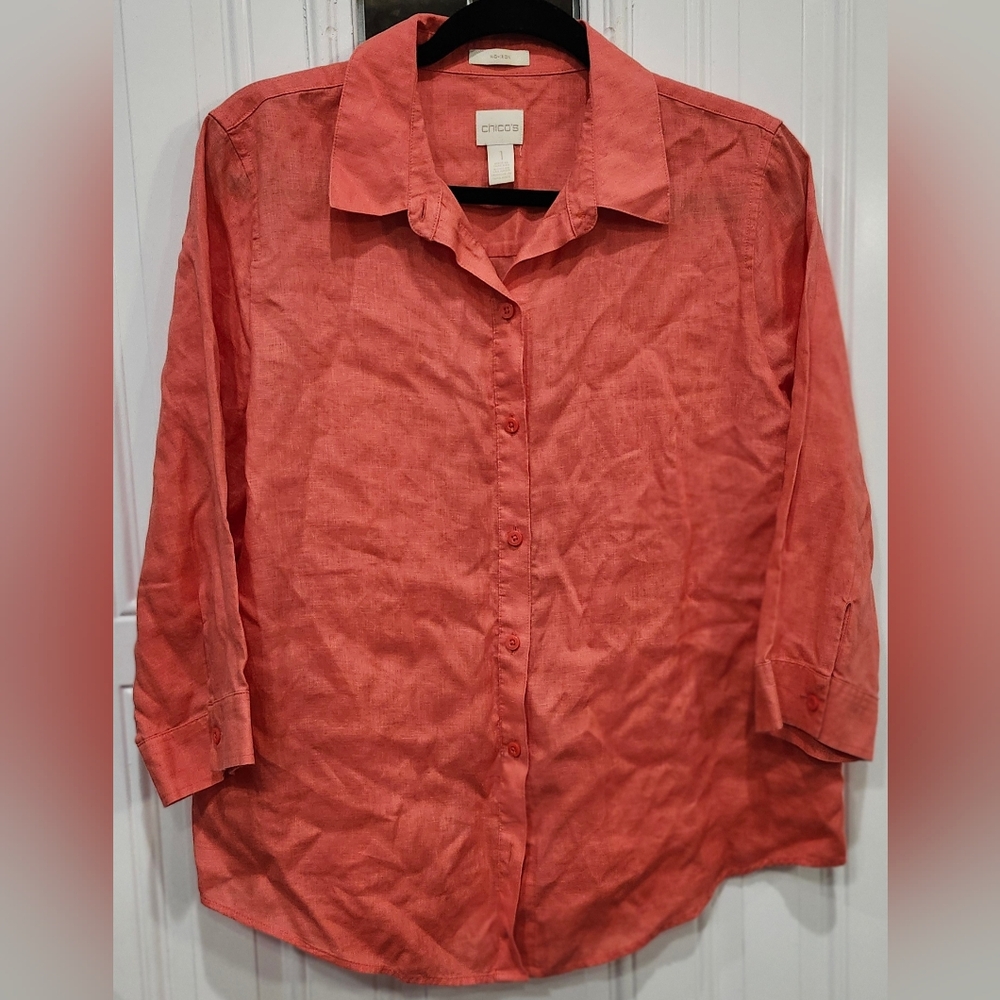 Chico's tangerine orange 100% linen button down blouse women's size 1 sm…